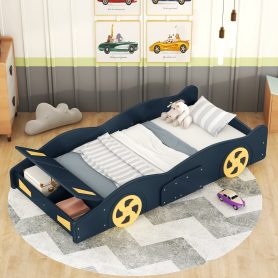 Twin Size Race Car-Shaped Platform Bed with Wheels and Storage