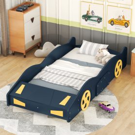 Twin Size Race Car-Shaped Platform Bed with Wheels and Storage