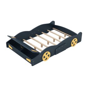 Full Size Race Car-Shaped Platform Bed with Wheels and Storage