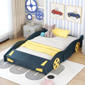 Full Size Race Car-Shaped Platform Bed with Wheels and Storage