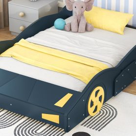 Full Size Race Car-Shaped Platform Bed with Wheels and Storage