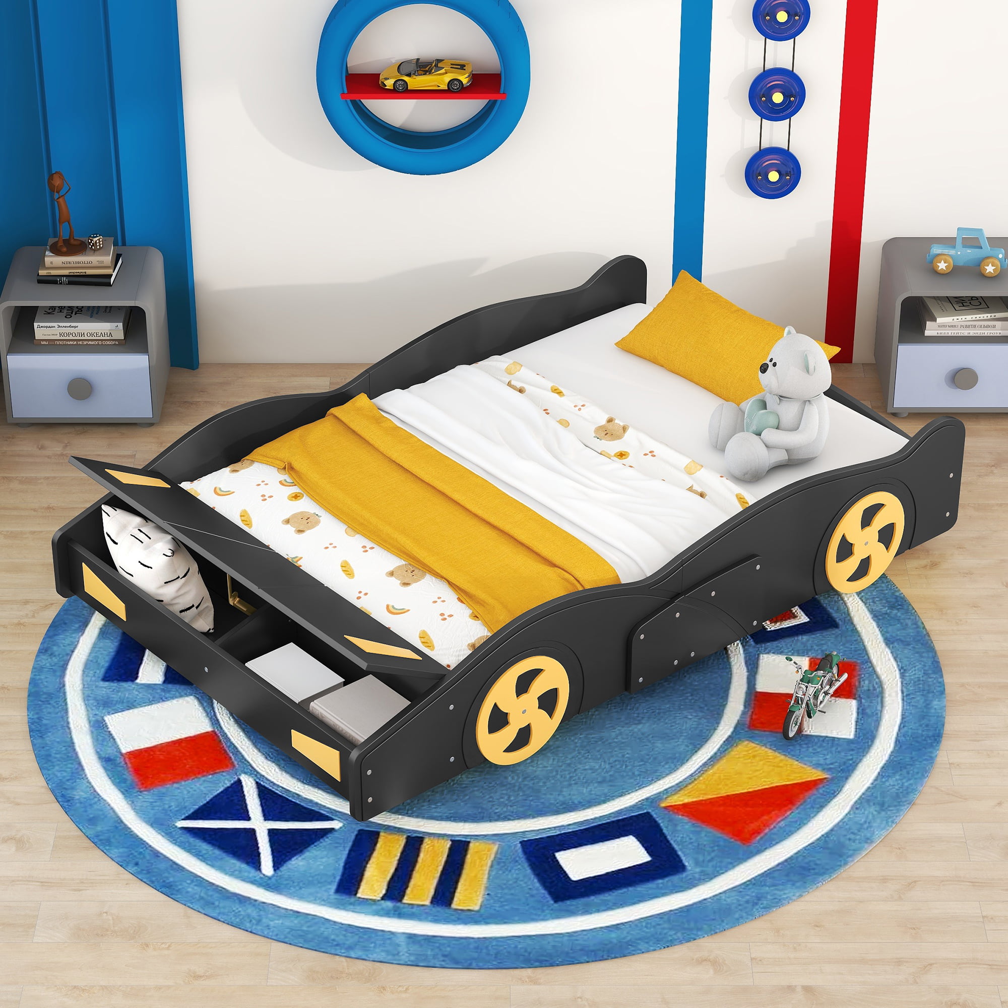 Full Size Race Car-Shaped Platform Bed with Wheels and Storage