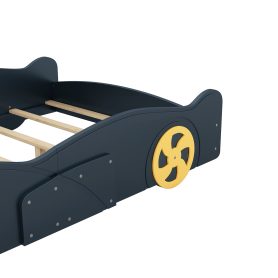 Full Size Race Car-Shaped Platform Bed with Wheels and Storage