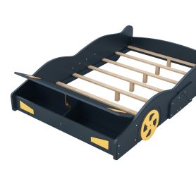 Full Size Race Car-Shaped Platform Bed with Wheels and Storage