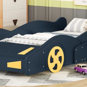 Twin Size Race Car-Shaped Platform Bed with Wheels and Storage