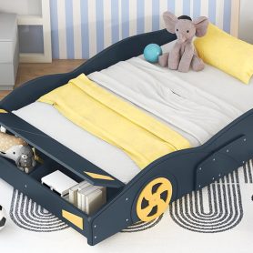 Full Size Race Car-Shaped Platform Bed with Wheels and Storage