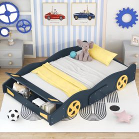Full Size Race Car-Shaped Platform Bed with Wheels and Storage