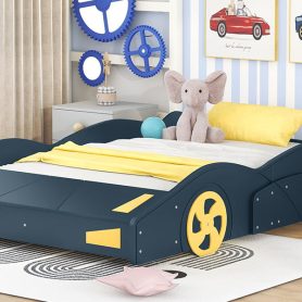 Full Size Race Car-Shaped Platform Bed with Wheels and Storage