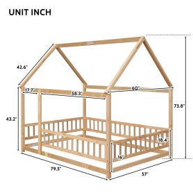 Full Size Floor Wooden Bed with House Roof Frame, Fence Guardrails 35 Full Size Floor Wooden Bed with House Roof Frame, Fence Guardrails