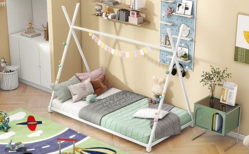Metal Twin Size House Platform Bed with Triangle Structure