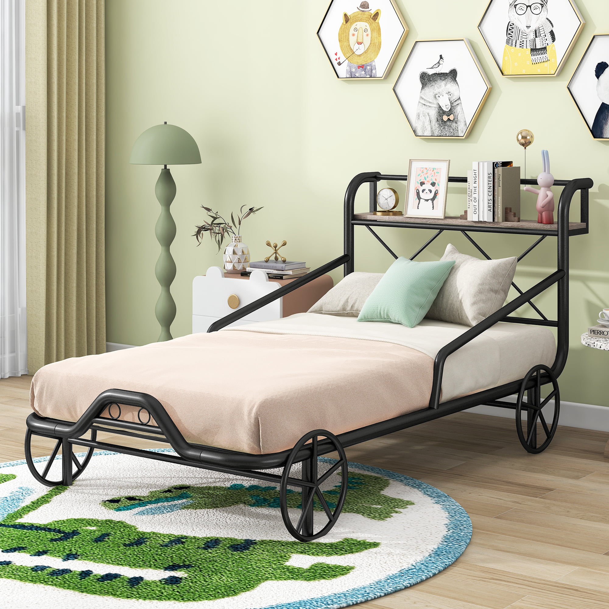 Metal Twin Size Car Bed With Four Wheels, Guardrails And  X-Shaped Frame Shelf