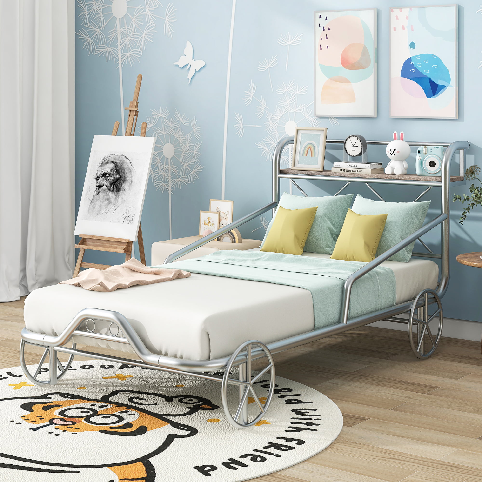 Metal Twin Size Car Bed With Four Wheels, Guardrails And  X-Shaped Frame Shelf