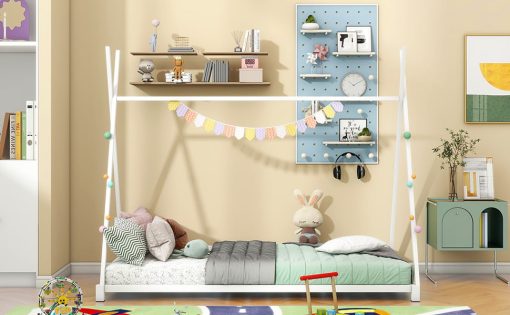 Metal Twin Size House Platform Bed with Triangle Structure