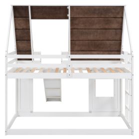Wood Twin Size House Bunk Bed with Roof, Ladder and Slide