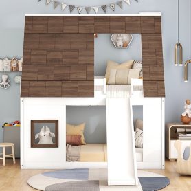 Wood Twin Size House Bunk Bed with Roof, Ladder and Slide