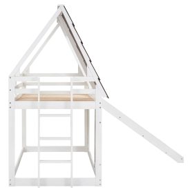 Wood Twin Size House Bunk Bed with Roof, Ladder and Slide