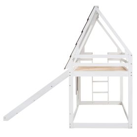 Wood Twin Size House Bunk Bed with Roof, Ladder and Slide