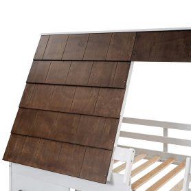 Wood Twin Size House Bunk Bed with Roof, Ladder and Slide