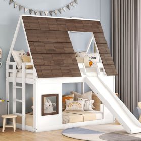 Wood Twin Size House Bunk Bed with Roof, Ladder and Slide