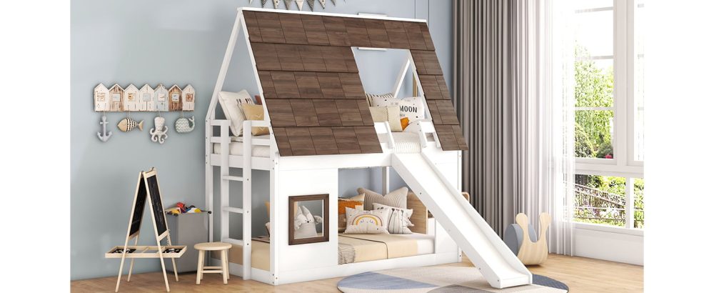 Wood Twin Size House Bunk Bed with Roof, Ladder and Slide | Cool Kids Bed