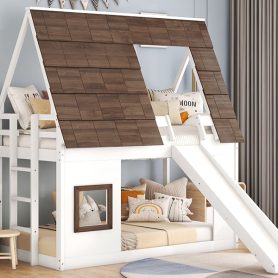 Wood Twin Size House Bunk Bed with Roof, Ladder and Slide