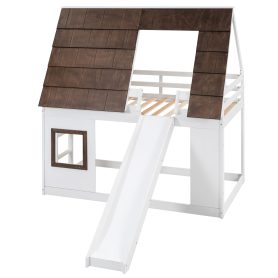 Wood Twin Size House Bunk Bed with Roof, Ladder and Slide