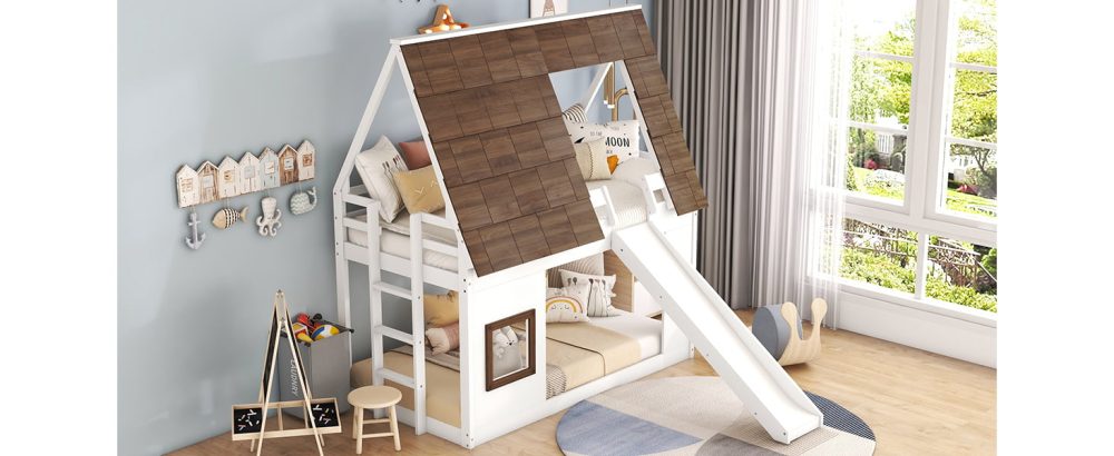 Wood Twin Size House Bunk Bed with Roof, Ladder and Slide | Cool Kids Bed