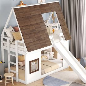 Wood Twin Size House Bunk Bed with Roof, Ladder and Slide