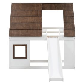 Wood Twin Size House Bunk Bed with Roof, Ladder and Slide