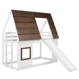Wood Twin Size House Bunk Bed with Roof, Ladder and Slide