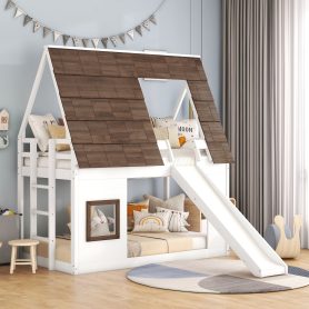 Wood Twin Size House Bunk Bed with Roof, Ladder and Slide