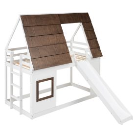 Wood Twin Size House Bunk Bed with Roof, Ladder and Slide