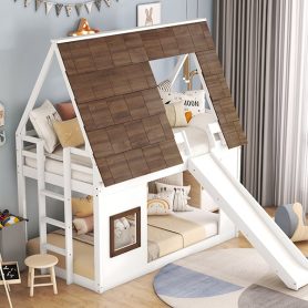 Wood Twin Size House Bunk Bed with Roof, Ladder and Slide