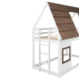 Wood Twin Size House Bunk Bed with Roof, Ladder and Slide
