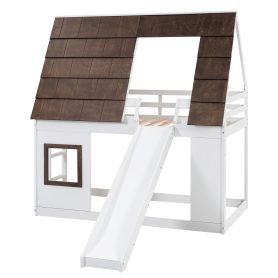 Wood Twin Size House Bunk Bed with Roof, Ladder and Slide
