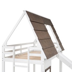 Wood Twin Size House Bunk Bed with Roof, Ladder and Slide