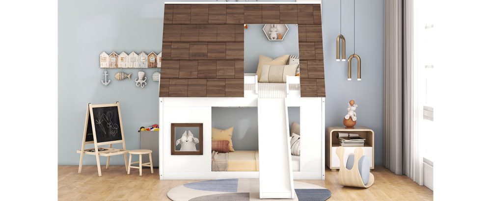 Wood Twin Size House Bunk Bed with Roof, Ladder and Slide | Cool Kids Bed