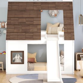 Wood Twin Size House Bunk Bed with Roof, Ladder and Slide