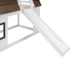 Wood Twin Size House Bunk Bed with Roof, Ladder and Slide