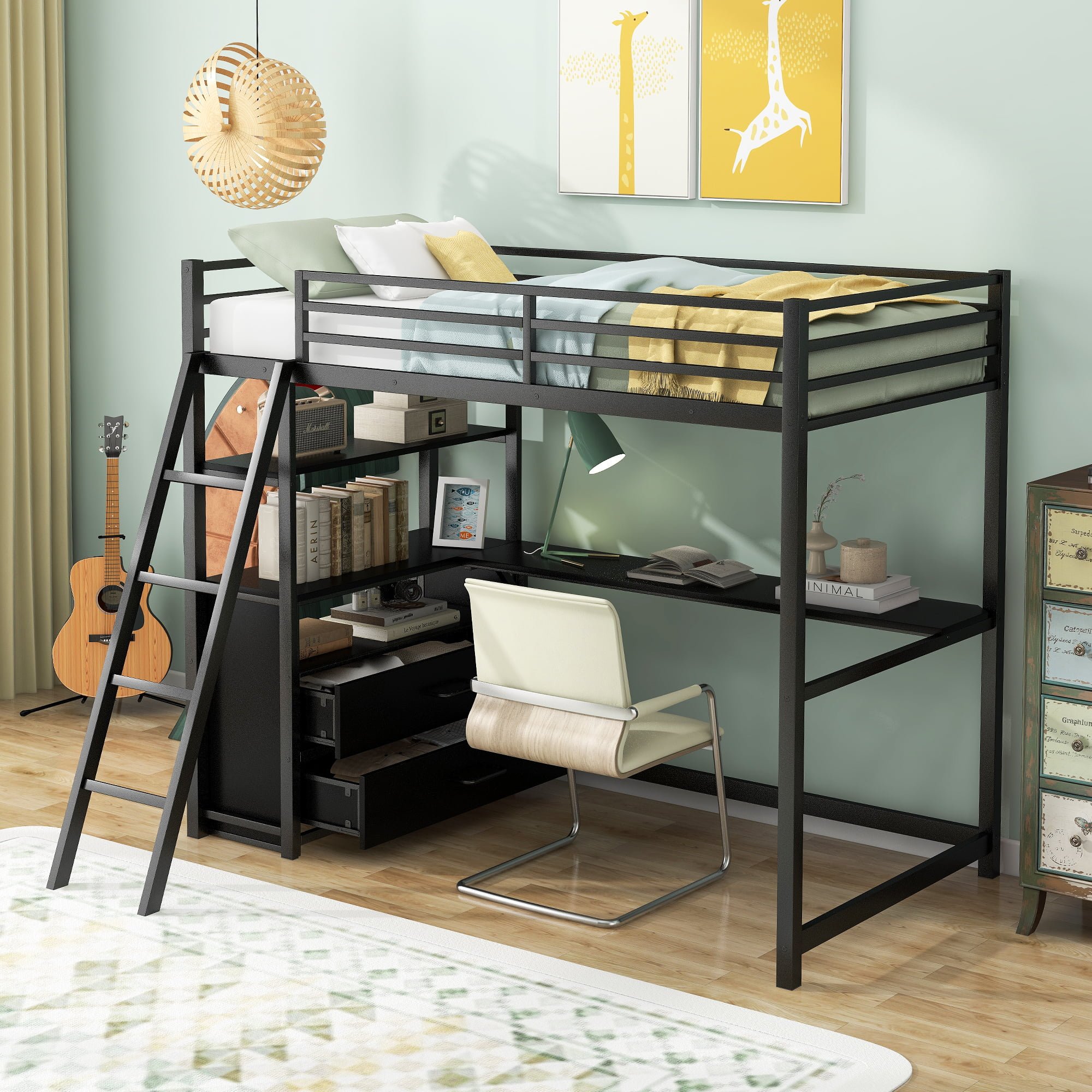 Metal&Wood Twin Size Loft Bed With Desk And Shelves, Two Built-in Drawers