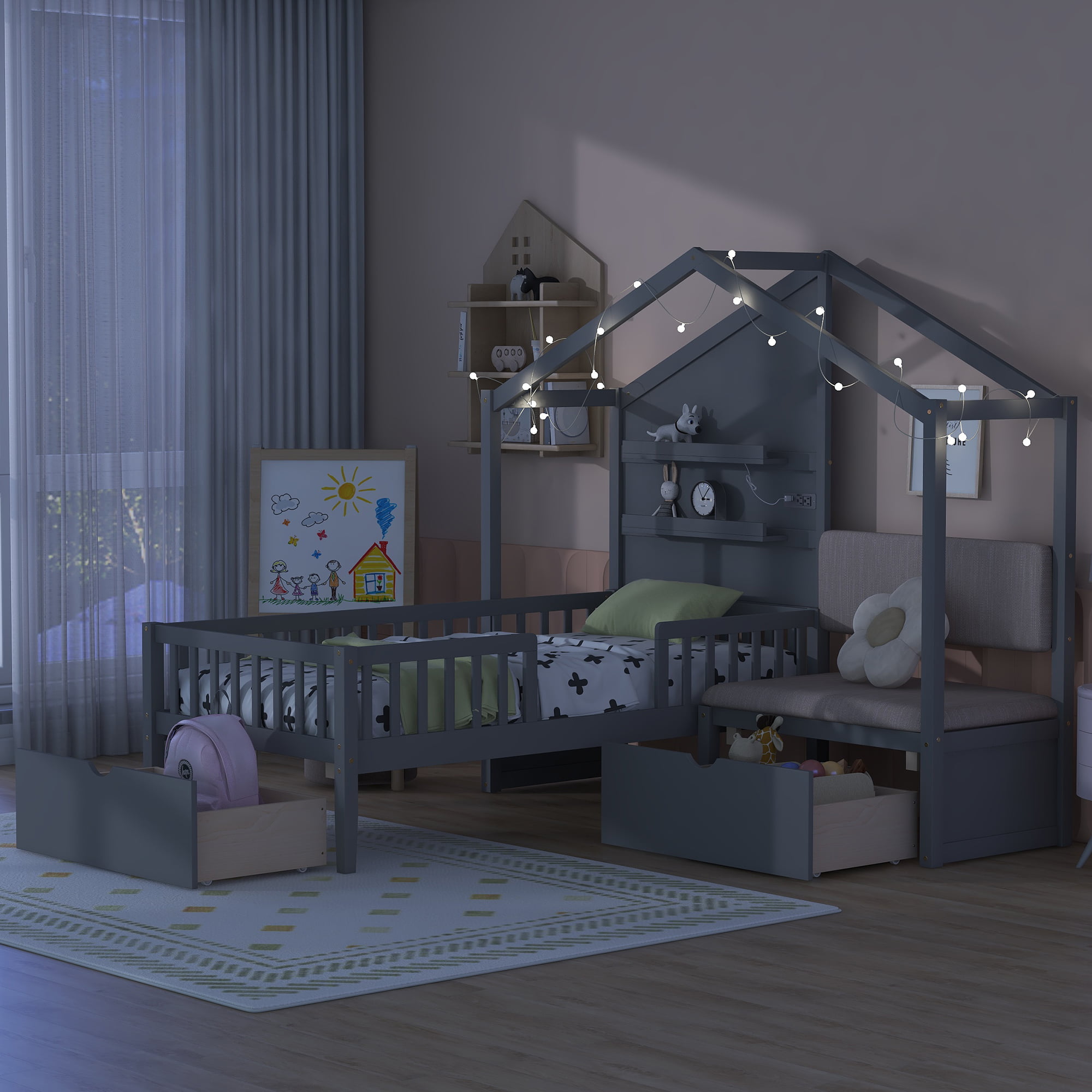 Assembly Instruction For LP000521AAE 1 Twin Size House Bed With Upholstered Sofa, Charging Station, Shelves And Two Drawers