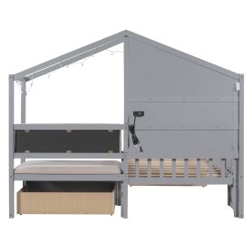 Twin Size House Bed With Upholstered Sofa, Charging Station, Shelves And Two Drawers