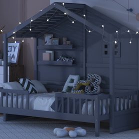 Twin Size House Bed With Shelves, Window And Sparkling Light Strip On The Roof 26 Twin Size House Bed With Shelves, Window And Sparkling Light Strip On The Roof