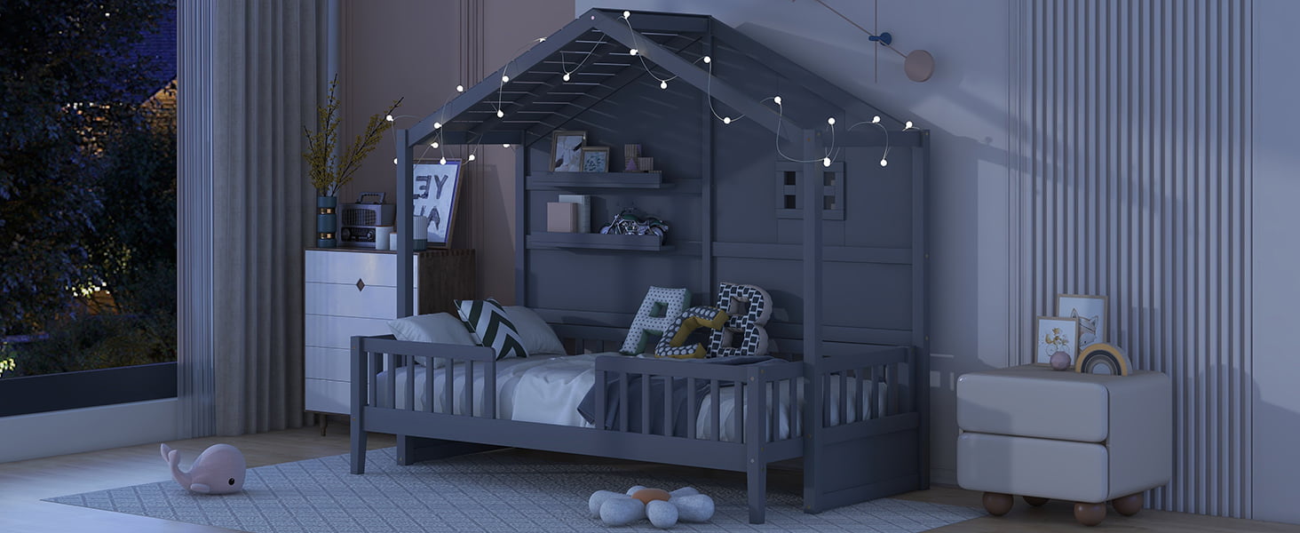Twin Size House Bed With Shelves, Window And Sparkling Light Strip On The Roof 14 Twin Size House Bed With Shelves, Window And Sparkling Light Strip On The Roof