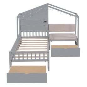 Twin Size House Bed With Upholstered Sofa, Charging Station, Shelves And Two Drawers