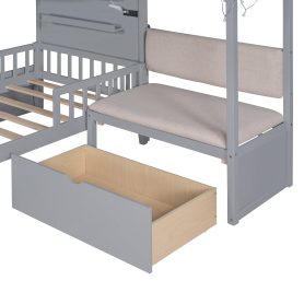 Twin Size House Bed With Upholstered Sofa, Charging Station, Shelves And Two Drawers