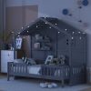 Twin Size House Bed With Shelves, Window And Sparkling Light Strip On The Roof