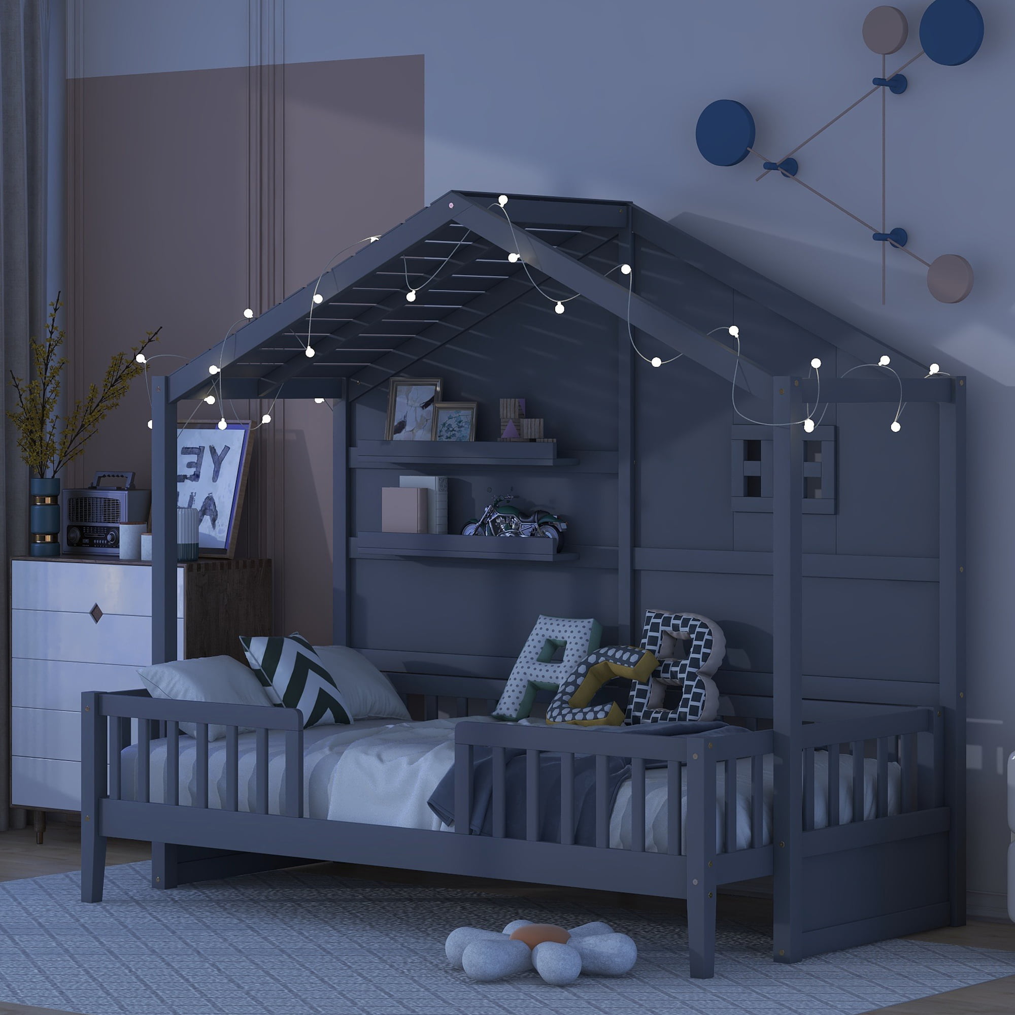 Twin Size House Bed With Shelves, Window And Sparkling Light Strip On The Roof 3 Twin Size House Bed With Shelves, Window And Sparkling Light Strip On The Roof