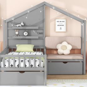 Twin Size House Bed With Upholstered Sofa, Charging Station, Shelves And Two Drawers