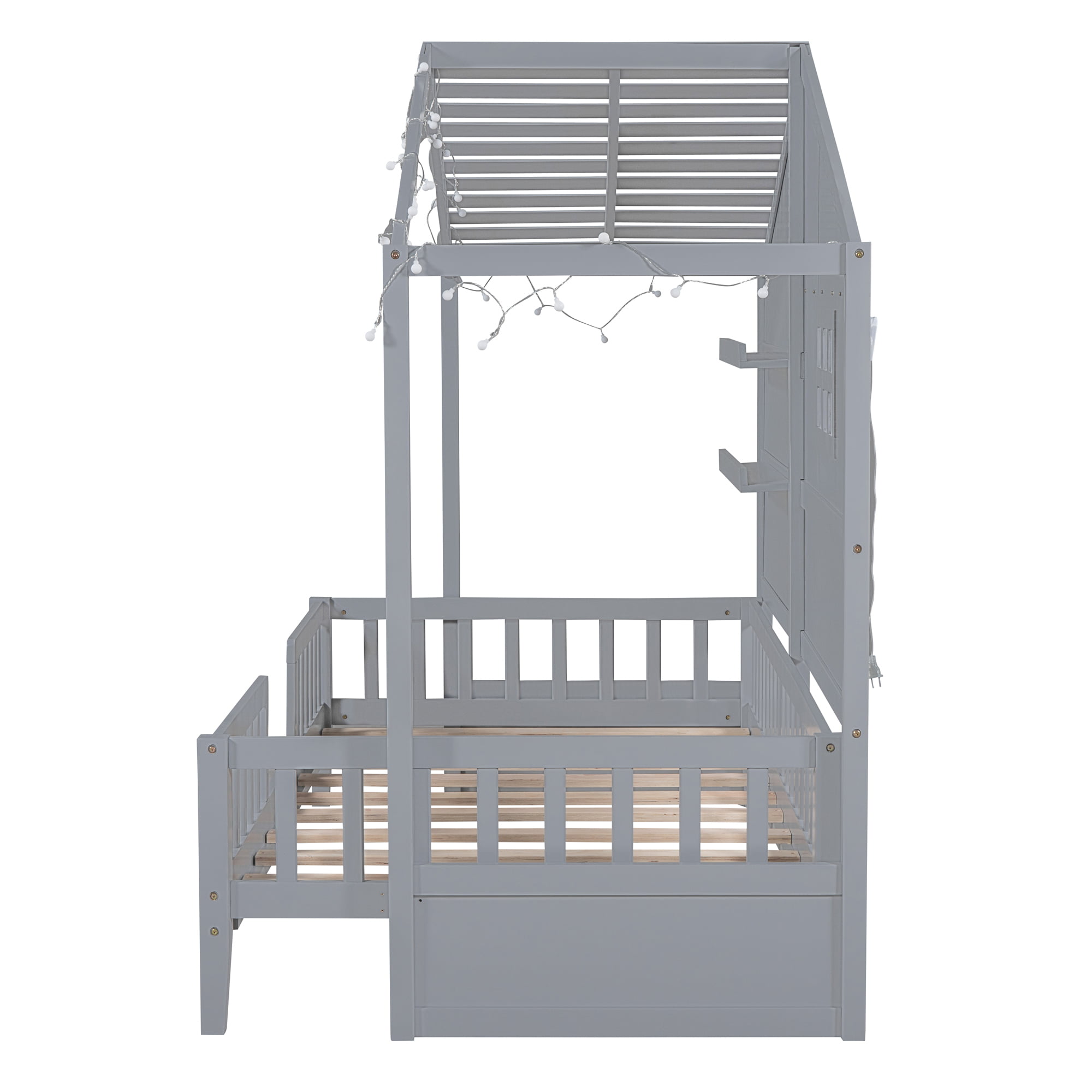 Twin Size House Bed With Shelves, Window And Sparkling Light Strip On The Roof 8 Twin Size House Bed With Shelves, Window And Sparkling Light Strip On The Roof